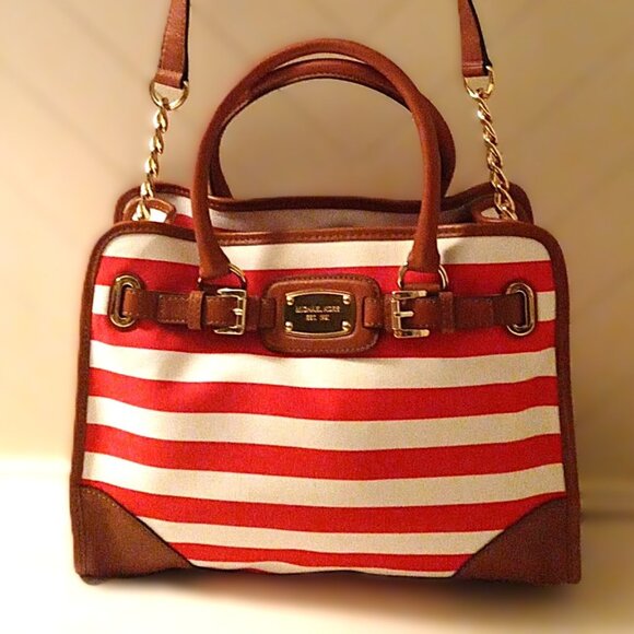 Michael Kors Hamilton Large Mandarin/White Striped Canvas Tote - Picture 2 of 8